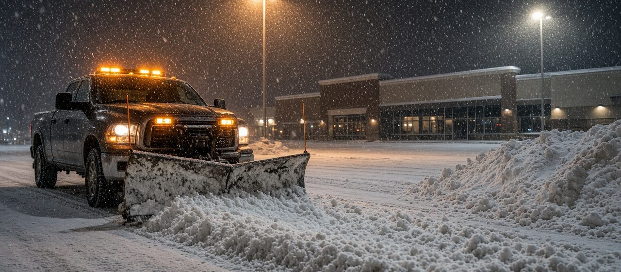 A dark pickup with amber lights and a front plow blade pushing snow across a parking lot at night, with tall pole lights, a storefront building and a snow pile behind it, in Flagstaff, Arizona