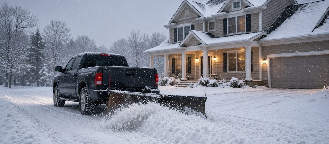A dark pickup with a plow blade at its rear pushing snow down a driveway in front of a two-story house with lit windows and snow on the roof, in Flagstaff, Arizona