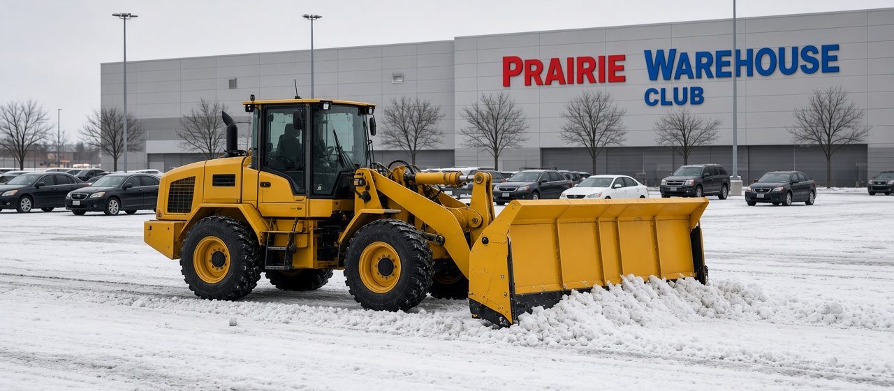 A yellow wheel loader with a yellow snow pusher clearing a big store parking lot, with parked cars and bare trees behind it, in Flagstaff, Arizona
