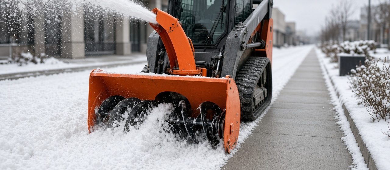 An orange snow blower attachment on a tracked loader throwing snow beside a long cleared sidewalk, in Flagstaff, Arizona