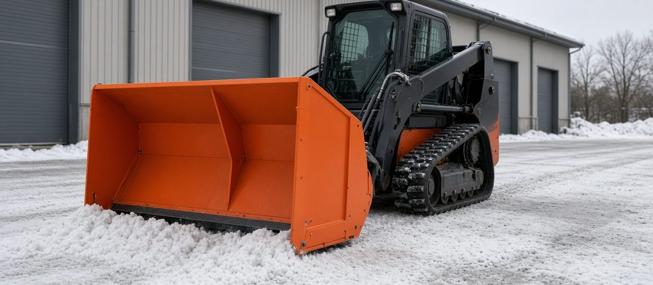 An orange snow pusher with tall side panels on a black tracked loader in front of a metal warehouse, in Flagstaff, Arizona