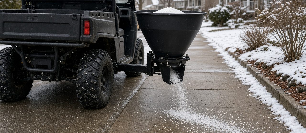 A black cone-shaped spreader on the back of a utility vehicle spreading salt on a sidewalk, in Flagstaff, Arizona