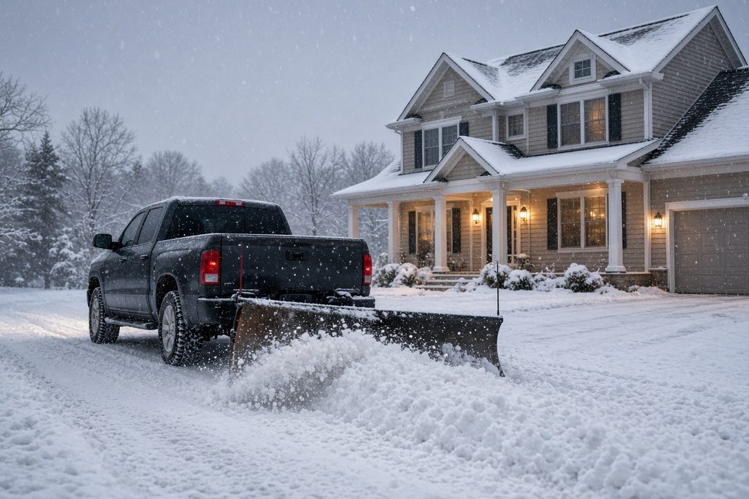 A dark pickup with a plow blade at its rear pushing snow down a driveway in front of a two-story house with lit windows and snow on the roof, in Flagstaff, Arizona