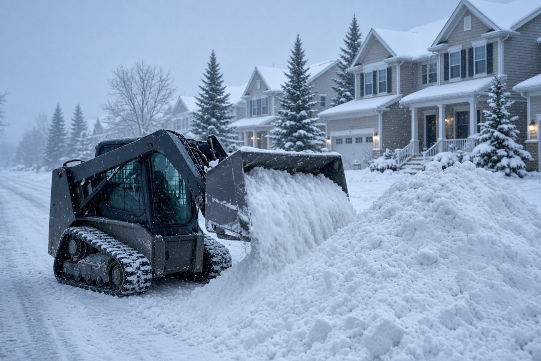 A tracked skid steer pushing snow into a tall pile beside a residential street lined with two-story houses and evergreen trees in falling snow, in Flagstaff, Arizona