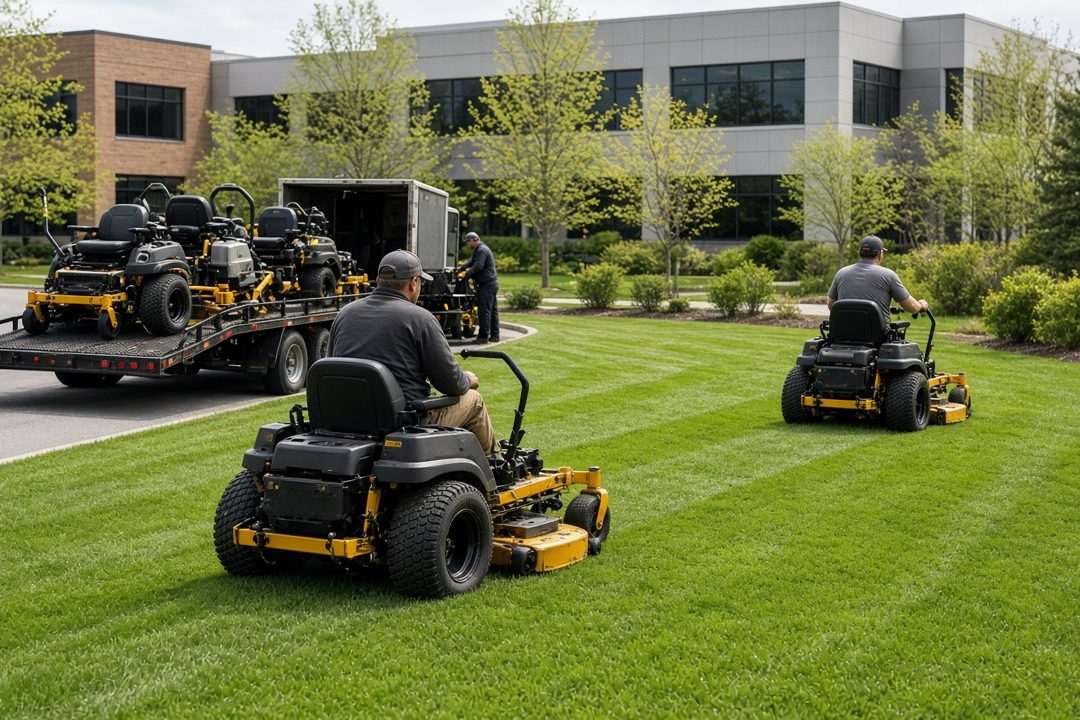 Landscape workers on yellow and black zero-turn mowers cutting a green lawn at an office park, with a trailer of mowers behind them, in Flagstaff, Arizona