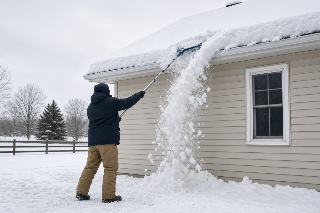A person standing on the ground pulling snow off the roof edge of a house with a long roof rake, in Flagstaff, Arizona