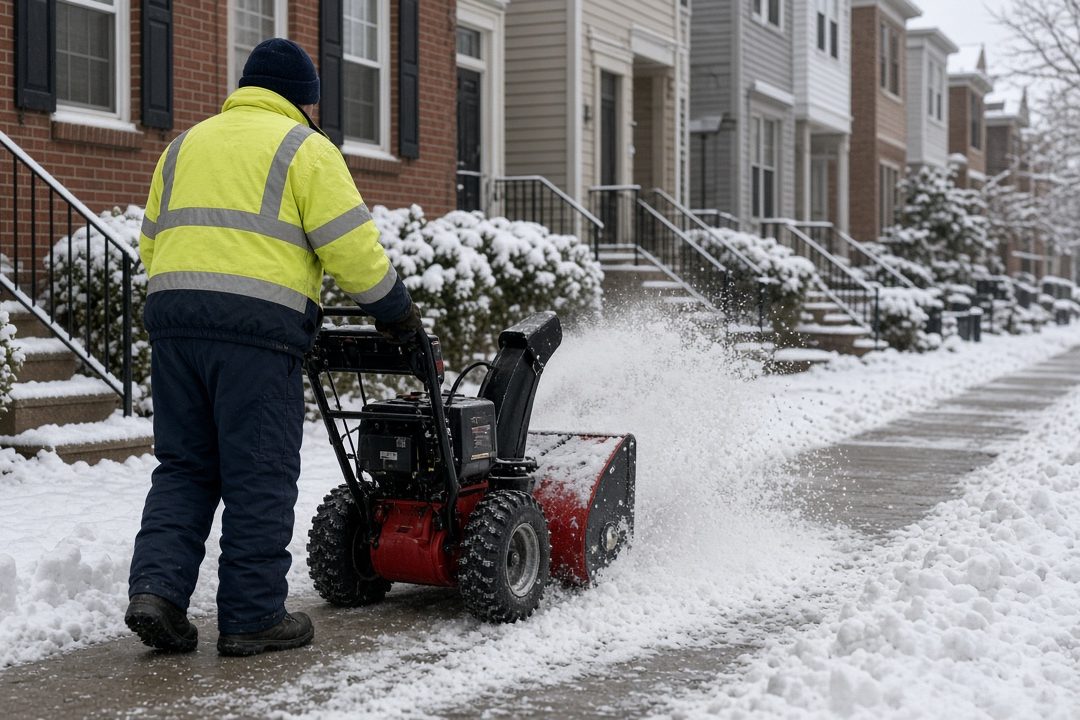 A worker in a yellow high-visibility jacket clearing a snowy sidewalk with a red two-stage snow blower in front of a row of brick townhomes, in Flagstaff, Arizona