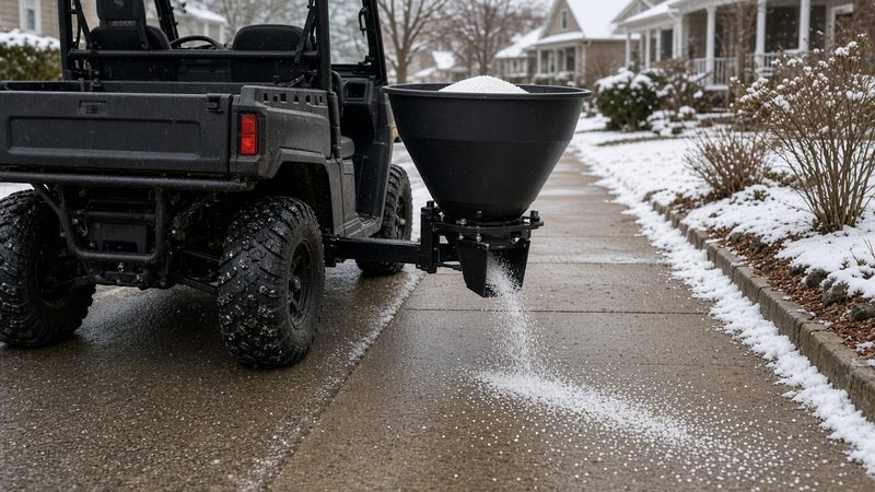 A black cone-shaped spreader on the back of a utility vehicle spreading salt on a sidewalk, in Flagstaff, Arizona
