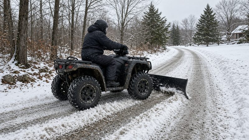 A rider on an ATV with a front plow blade clearing a snowy gravel lane through the woods, in Flagstaff, Arizona