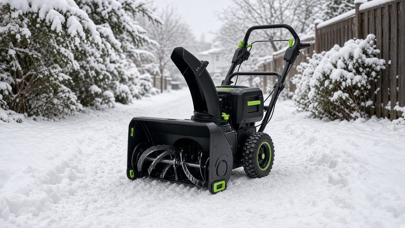 A black battery-powered two-stage snow blower with green trim on a snowy path between snow-covered shrubs and a fence, in Flagstaff, Arizona