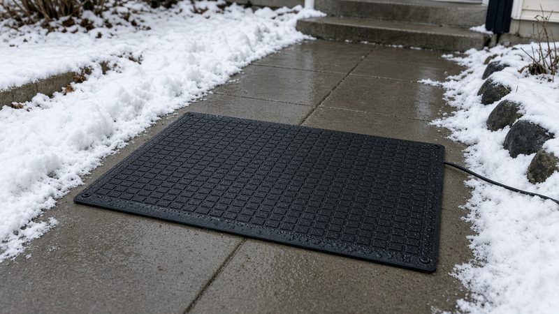 A black rubber mat on a wet, clear concrete walkway with snow on both sides and a cord running off the side, in Flagstaff, Arizona