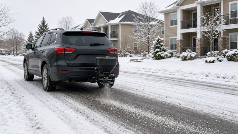 A dark SUV with a small black salt spreader on its rear hitch spreading salt on a snowy street by apartment buildings, in Flagstaff, Arizona