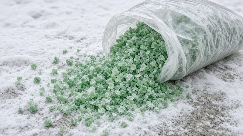 A clear bag of green ice melt crystals spilling onto snowy ground, in Flagstaff, Arizona