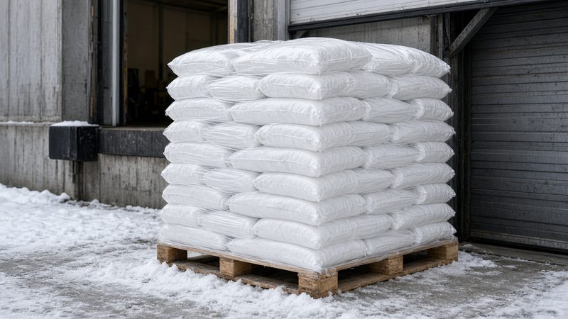 A wooden pallet stacked with plain white bags beside a loading dock door, in Flagstaff, Arizona