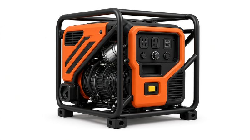 An orange and black open-frame inverter generator in a black tube frame, in Flagstaff, Arizona