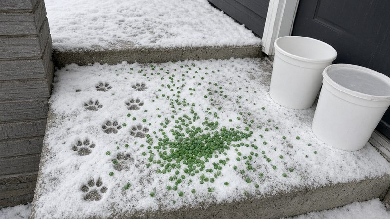 Green ice melt pellets and paw prints on a snowy front step, with two plain white tubs by the door, in Flagstaff, Arizona