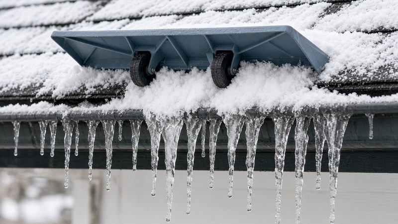 A blue-gray roof rake head with two wheels on a snowy roof edge above a row of icicles, in Flagstaff, Arizona