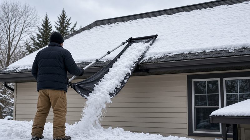 A person on the ground pulling a sheet of snow off a house roof with a long roof rake and fabric slide, in Flagstaff, Arizona
