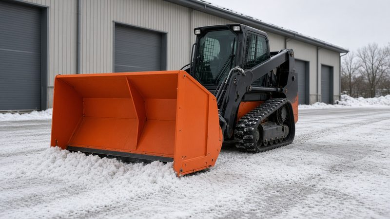 An orange snow pusher with tall side panels on a black tracked loader in front of a metal warehouse, in Flagstaff, Arizona
