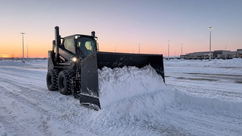 A black snow pusher box on a wheeled skid steer pushing snow across a big parking lot at dawn, in Flagstaff, Arizona