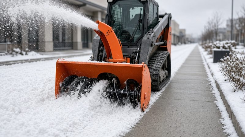 An orange snow blower attachment on a tracked loader throwing snow beside a long cleared sidewalk, in Flagstaff, Arizona