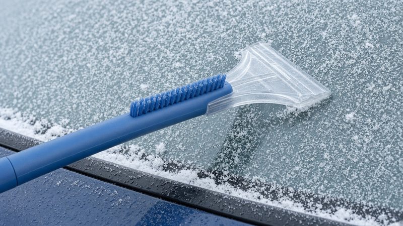 A blue snow brush with a clear ice-scraper blade resting on a frosted car windshield, in Flagstaff, Arizona