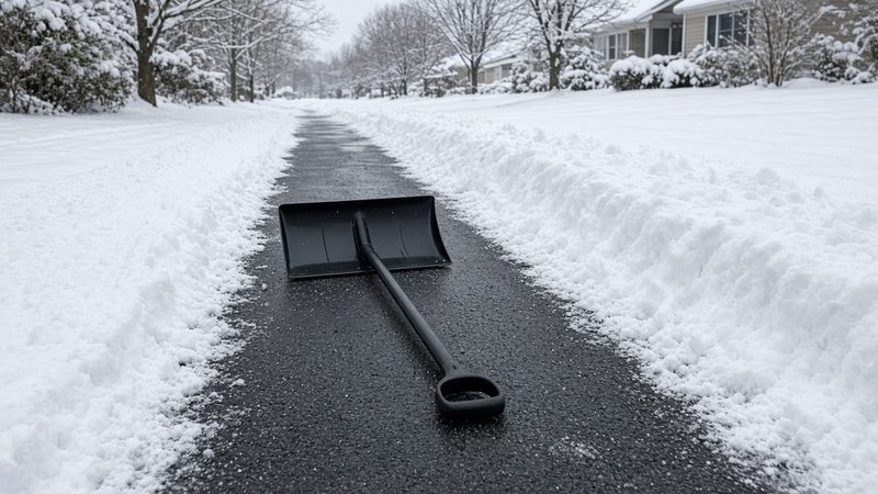 A black snow pusher lying on a freshly cleared strip of driveway between snowbanks, in Flagstaff, Arizona