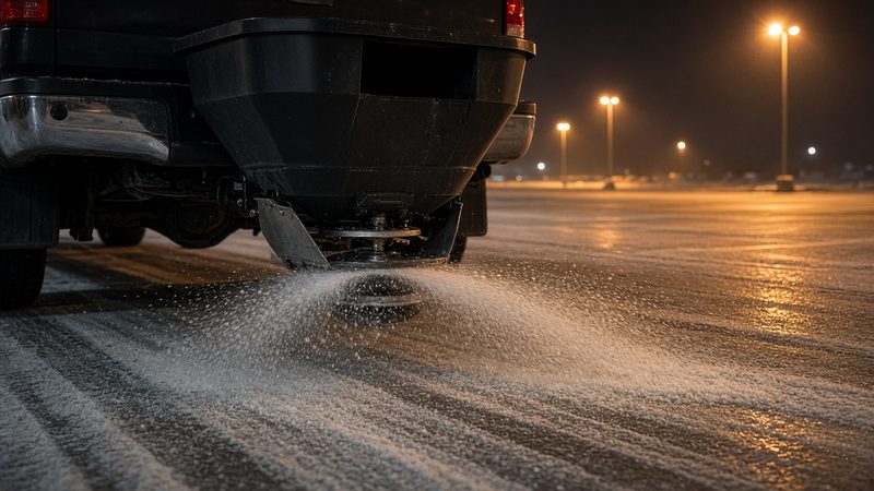 A black tailgate hopper on the back of a truck spreading salt across a parking lot at night, in Flagstaff, Arizona