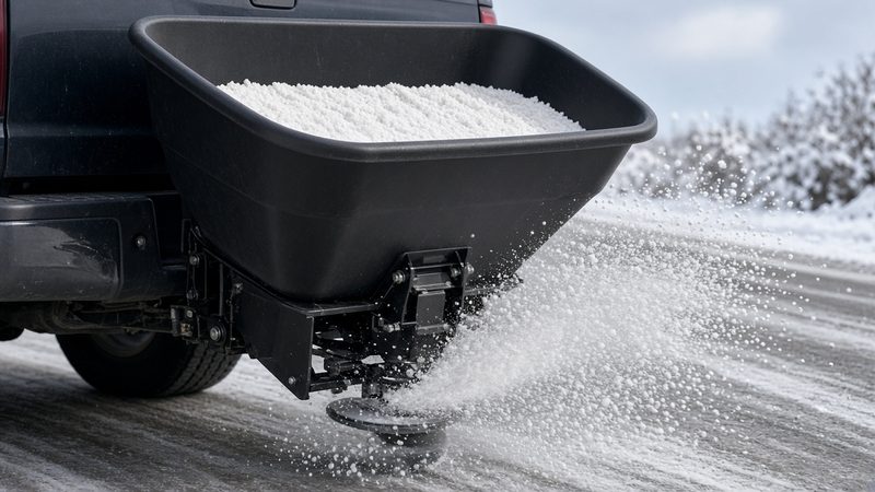 A black hopper full of salt on the back of a truck, with a spinner throwing salt onto a snowy road, in Flagstaff, Arizona