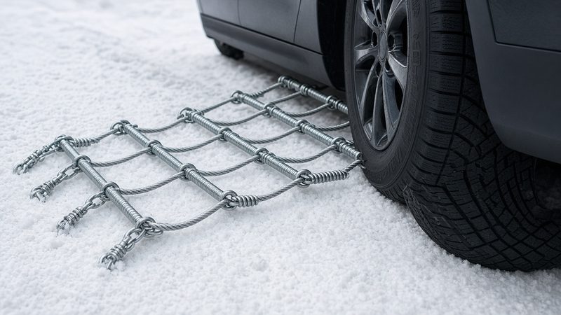 A ladder-style cable tire chain laid flat on snow beside the tire of a gray car, in Flagstaff, Arizona