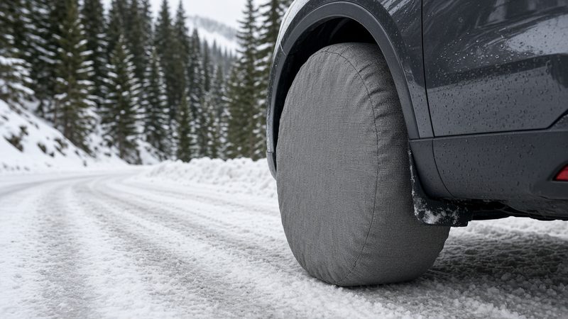 A plain gray fabric snow sock fitted over the tire of a dark SUV on a snowy road lined with pine trees, in Flagstaff, Arizona