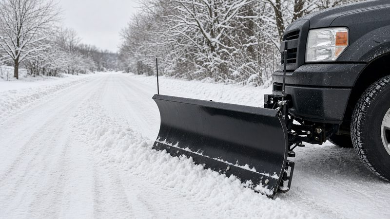A black straight plow blade mounted on the front of a dark pickup on a snowy road, in Flagstaff, Arizona