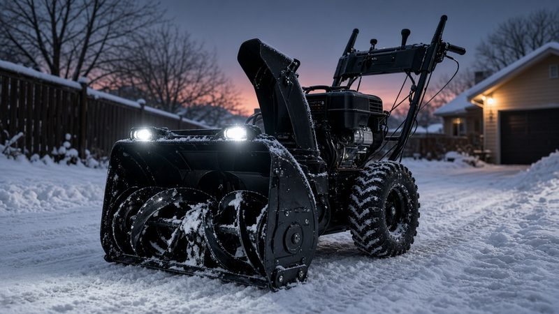 A black two-stage snow blower with its headlights on in a snowy driveway at dusk, in Flagstaff, Arizona