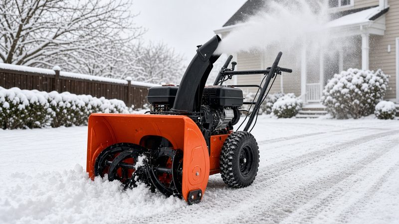 An orange two-stage snow blower throwing snow from its chute in a snowy front yard, in Flagstaff, Arizona