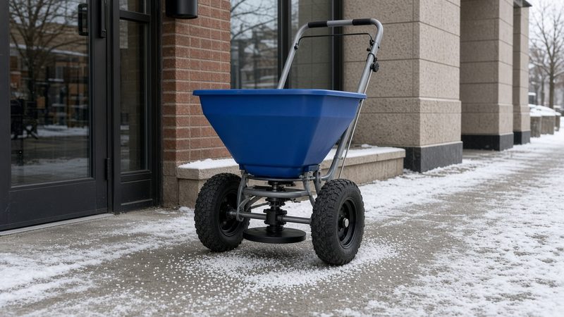 A blue walk-behind spreader with large tires on a salted storefront sidewalk, in Flagstaff, Arizona