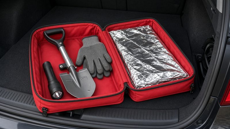 A red case open in a car's cargo area, holding a folding shovel, a flashlight, gray gloves and a folded foil blanket, in Flagstaff, Arizona